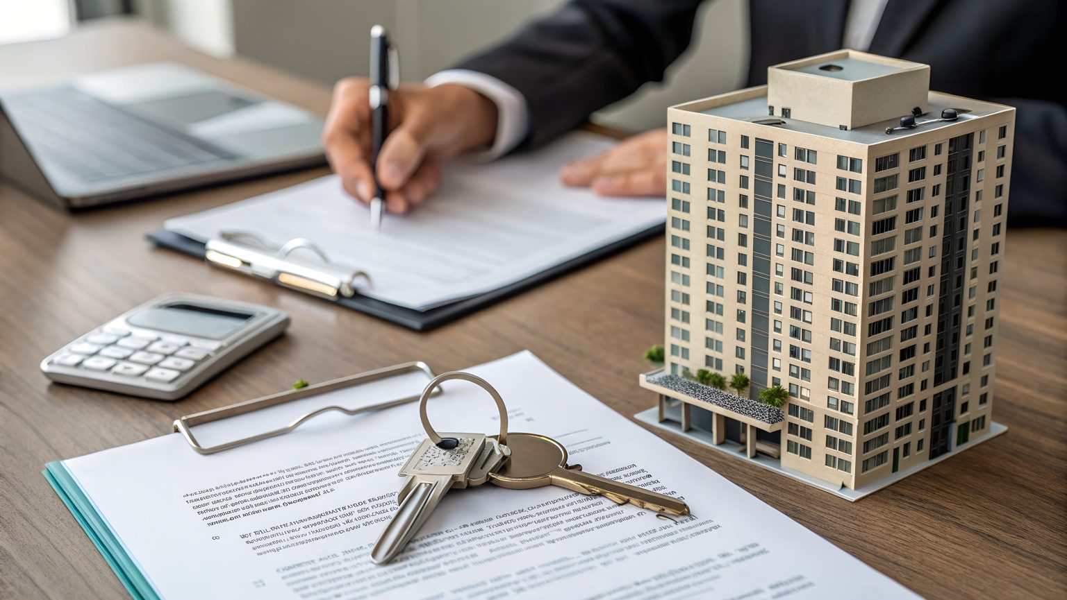 A businessman signing real estate documents with a miniature apartment building and house keys on the desk. Concept of property investment, mortgage, and home purchase.